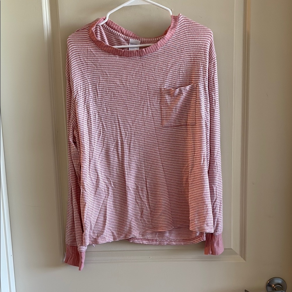 Casual Pink Striped Knit Top with Pocket